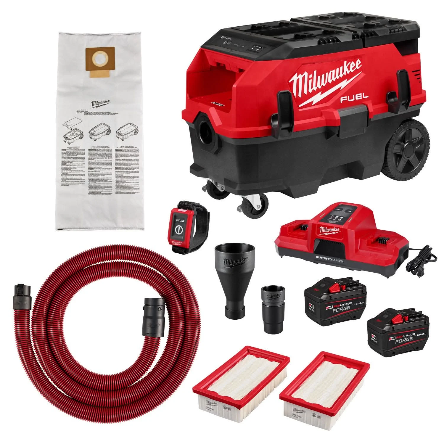 Milwaukee 0888-22HD M18 FUEL 9-Gallon Dual Battery Dust Extractor w/ PACKOUT Compatibility and VACLINK 12.0Ah Kit