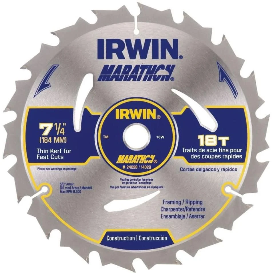 Irwin 14028 Marathon Portable Corded Carbide Circular Saw Blade 7-1/4-in. 18-Tooth ATB