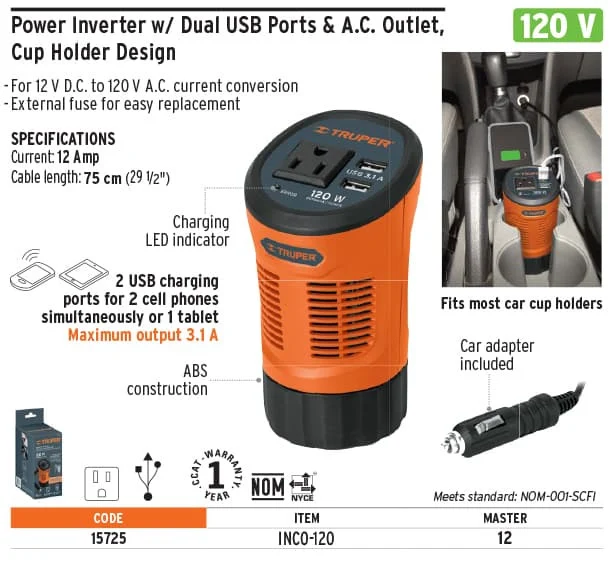Power Inverter w/Dual USB Ports & A.C. Outlet Cup Holder Design