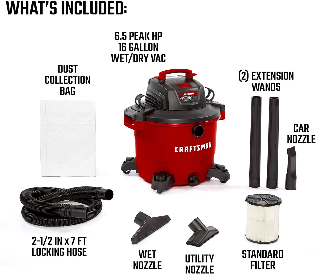 16 Gallon 6.5 Peak HP Wet/Dry Vac, Heavy-Duty Shop Vacuum with Attachments , Red