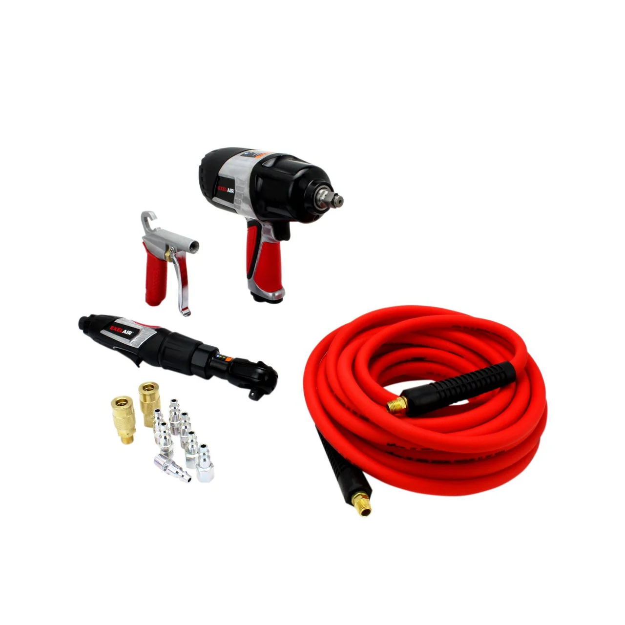 Milton? EXELAIR? Bundle: Impact Wrench, Air Ratchet, Blow Gun, 25' CobraFlex? Air Hose & Coupler/Plug Air Accessories (16-Piece)