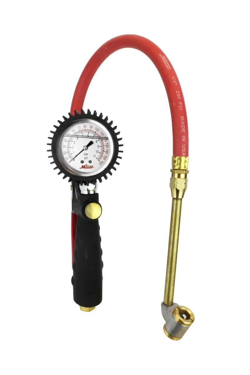Milton? Pro Analog Tire Inflator/Pressure Pistol Grip Gauge ?? Large Bore Dual Head Chuck, 15? Hose ?? 160PSI