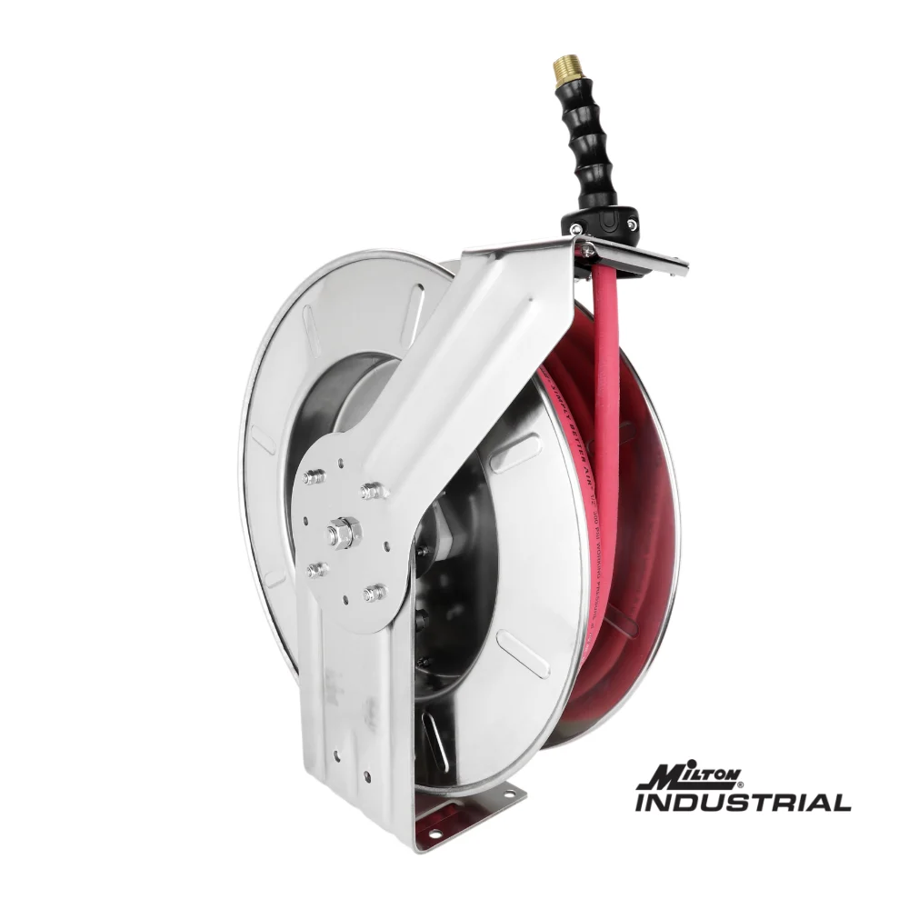 Milton? Industrial Stainless Steel Hose Reel Retractable, 1/4" ID x 25' EPDM hose w/ 1/4" NPT, 300 PSI