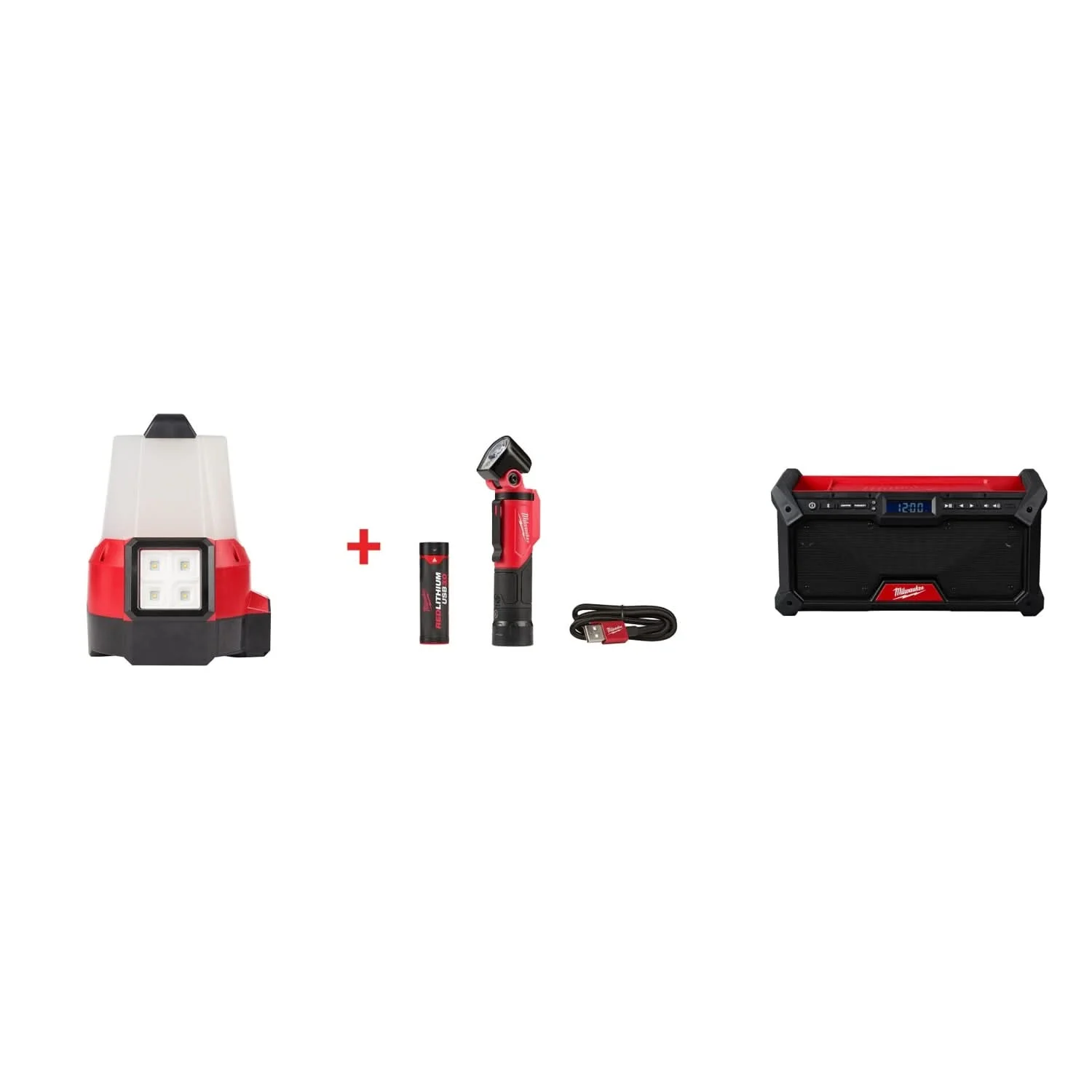 Milwaukee M18 RADIUS Site Light (FM) & Pivoting USB Flashlight Set with M18 Bluetooth Jobsite Radio