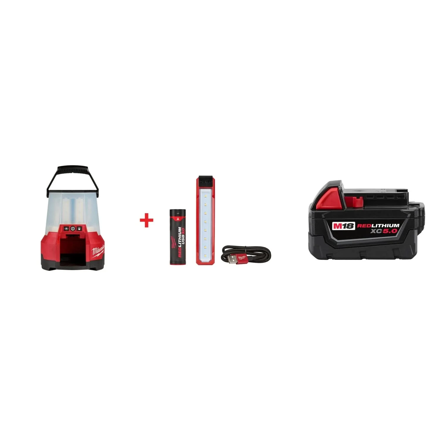 Milwaukee M18 RADIUS LED Site Light & ROVER USB Pocket Flood Light Set with M18 REDLITHIUM XC 5.0Ah Battery