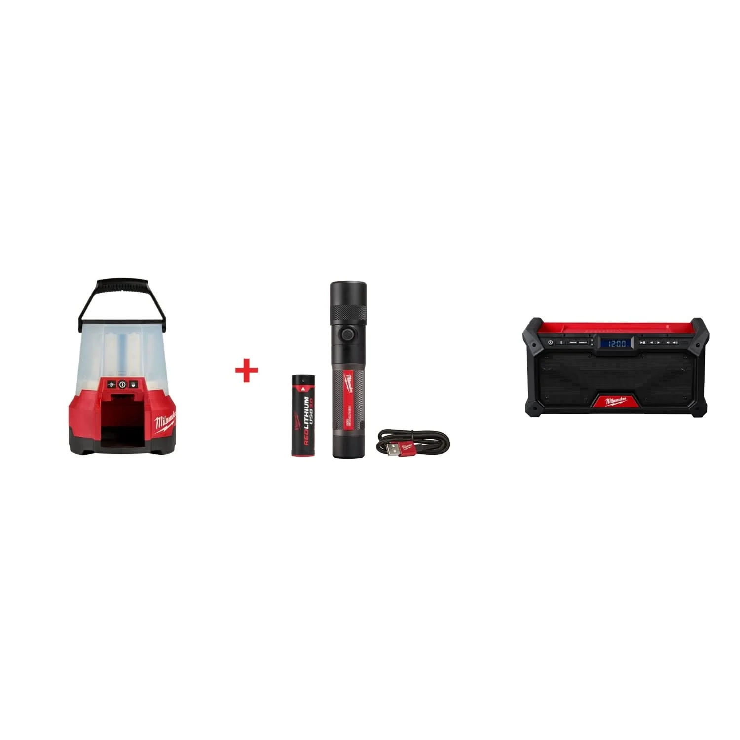 Milwaukee M18 RADIUS LED Site Light & Twist Focus USB Flashlight Set with M18 Bluetooth Jobsite Radio