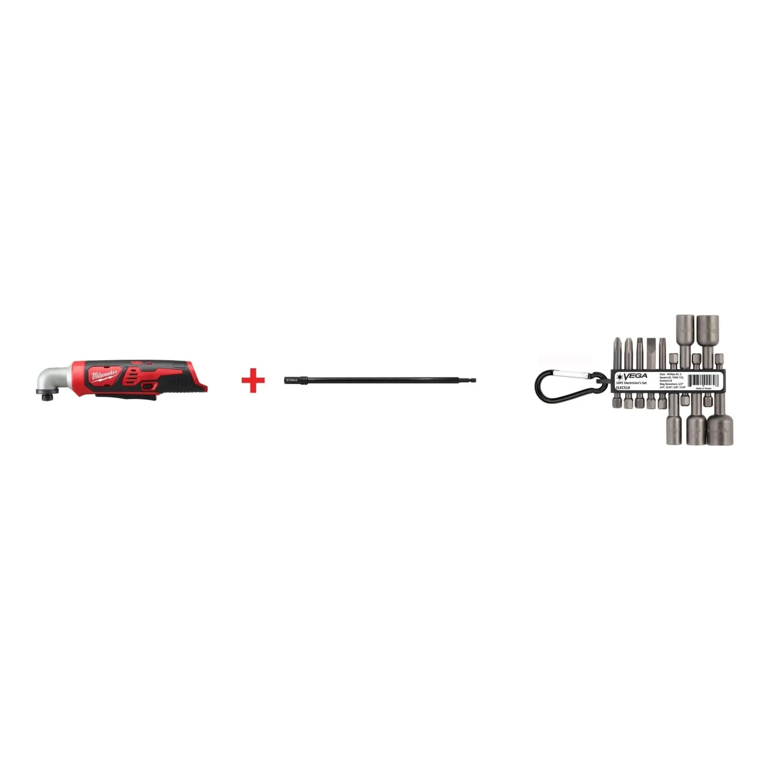 Milwaukee M12 1/4" Hex Right Angle Impact Driver, Tool Only with Vega Spin-Grip 1/4 in. Hex Bit Holder, 12 in. and 10pc Electrician's Set
