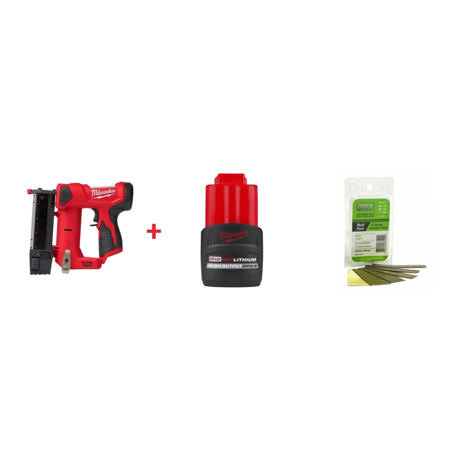 Milwaukee M12 Cordless 23-Gauge Pin Nailer 2.5Ah Kit with Grex P6 23-Gauge Galvanized Pin Nail Multi Pack, 3/8" to 1-3/8", 3000 Pack