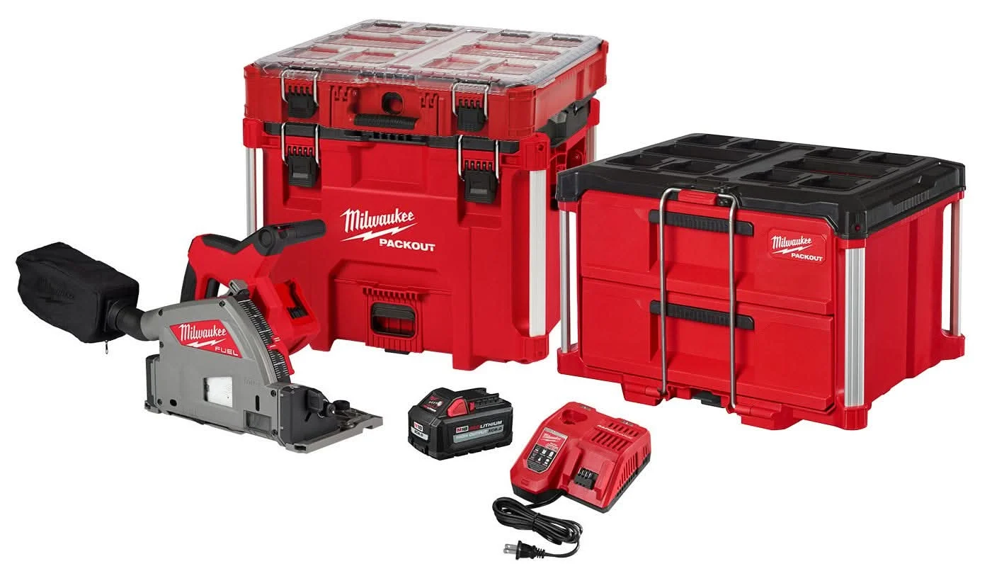 Milwaukee M18 FUEL 6-1/2" Plunge Track Saw 6.0Ah Kit plus PACKOUT Organizer and 2-Drawer Tool Box