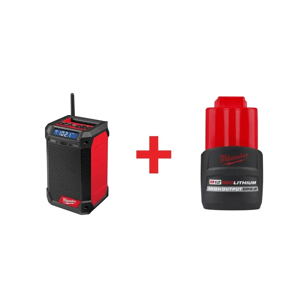 Milwaukee M12 Bluetooth Radio & Battery Charger with M12 REDLITHIUM HIGH OUTPUT CP 2.5Ah Battery Pack