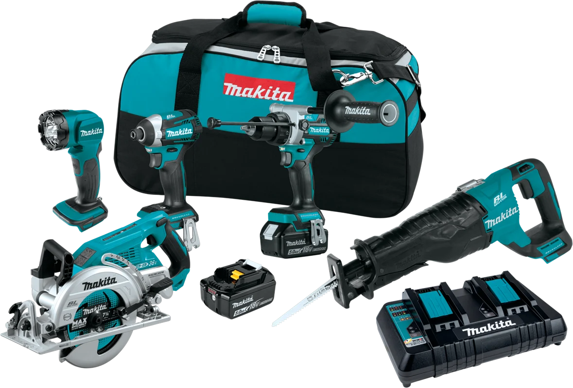18V LXT? Lithium-Ion Brushless Cordless 5-Pc. Combo Kit (5.0Ah), Makita-built Brushless Motor, XT507PT