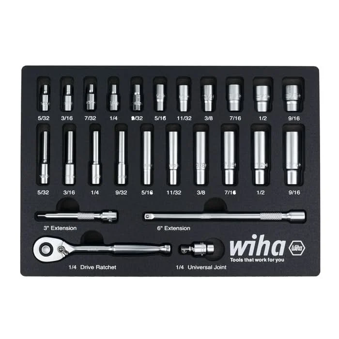 Wiha 33396 25-Piece 1/4 in. Drive Professional Standard And Deep Socket Tray Set, SAE
