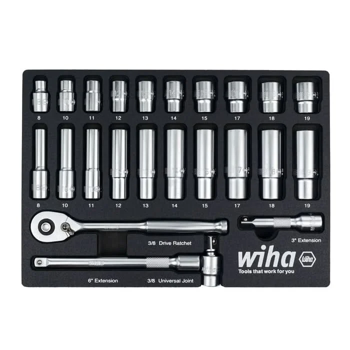 Wiha 33795 24-Piece 3/8 in. Drive Professional Standard And Deep Socket Tray Set, Metric