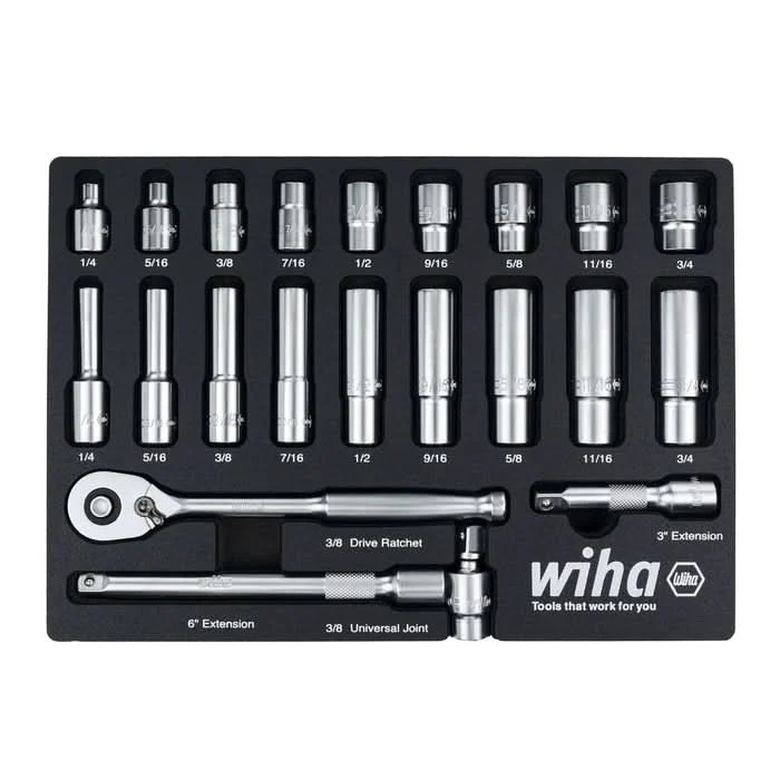 Wiha 33796 22-Piece 3/8 in. Drive Professional Standard And Deep Socket Tray Set, SAE