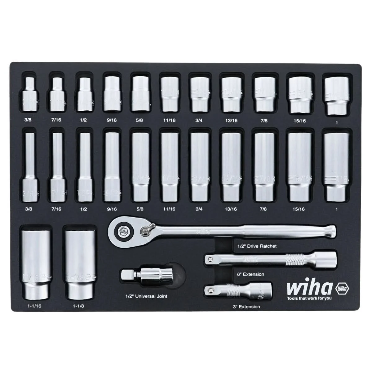 Wiha 33896 28-Piece 1/2" Drive SAE Professionial Standard & Deep Socket Set