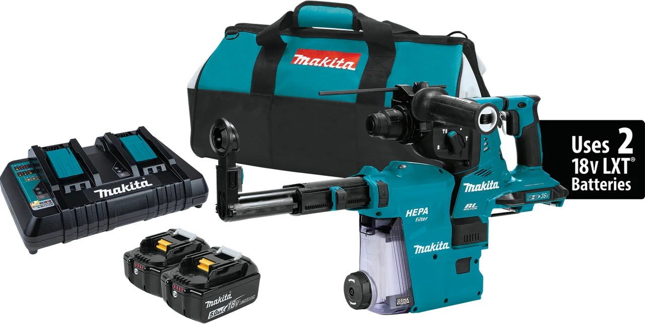 36V (18V X2) LXT? Brushless 1-1/8" AVT? Rotary Hammer Kit, accepts SDS-PLUS bits w/ HEPA Dust Extractor (5.0Ah), XRH08PTW
