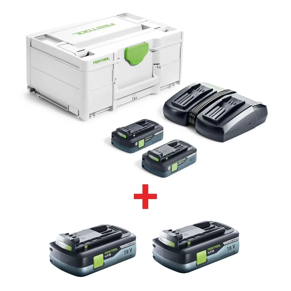 Festool Dual 4.0Ah Battery & Charger Energy Systainer Set plus 18V Airstream Bluetooth 4.0Ah Battery 2-Pack