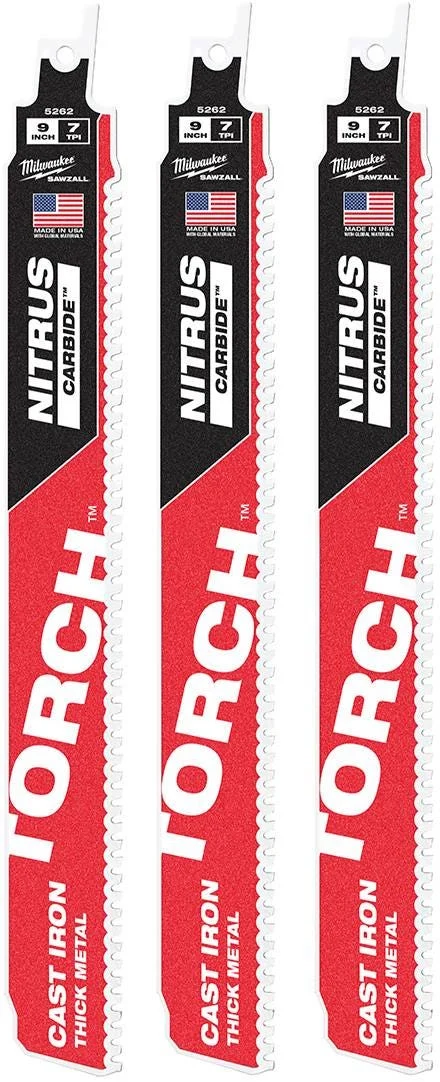 Milwaukee TORCH with NITRUS Carbide 9-Inch 7-TPI Recip Saw Blade, 3-Pack