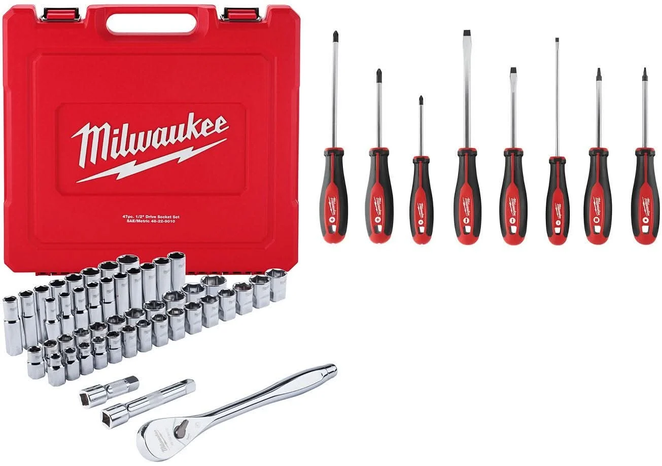 Milwaukee 48-22-9010 1/2" Drive 47-Piece SAE/Metric Ratchet And Socket Set with 8-Piece Screwdriver Kit w/ Square