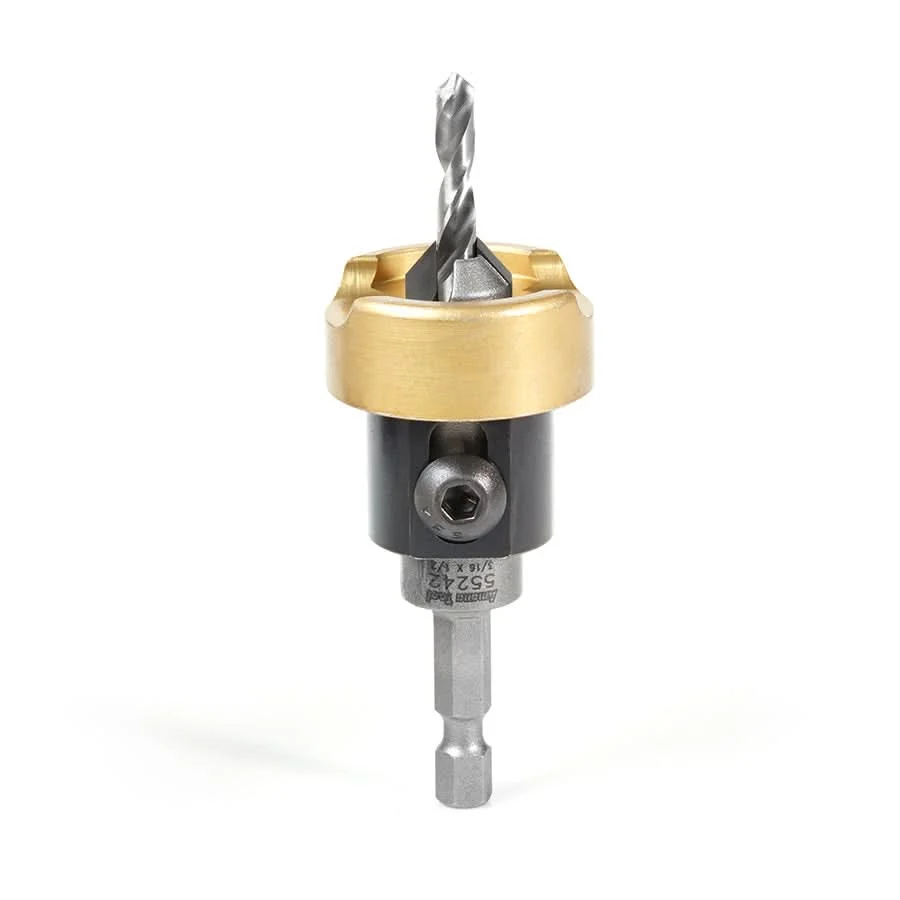 Amana Tools 55242 82 Degree Carbide Tipped Countersink, 3/8 in. Dia. x 3/16 in. Drill Dia. x 1/4 in. Quick-Release Hex Shank