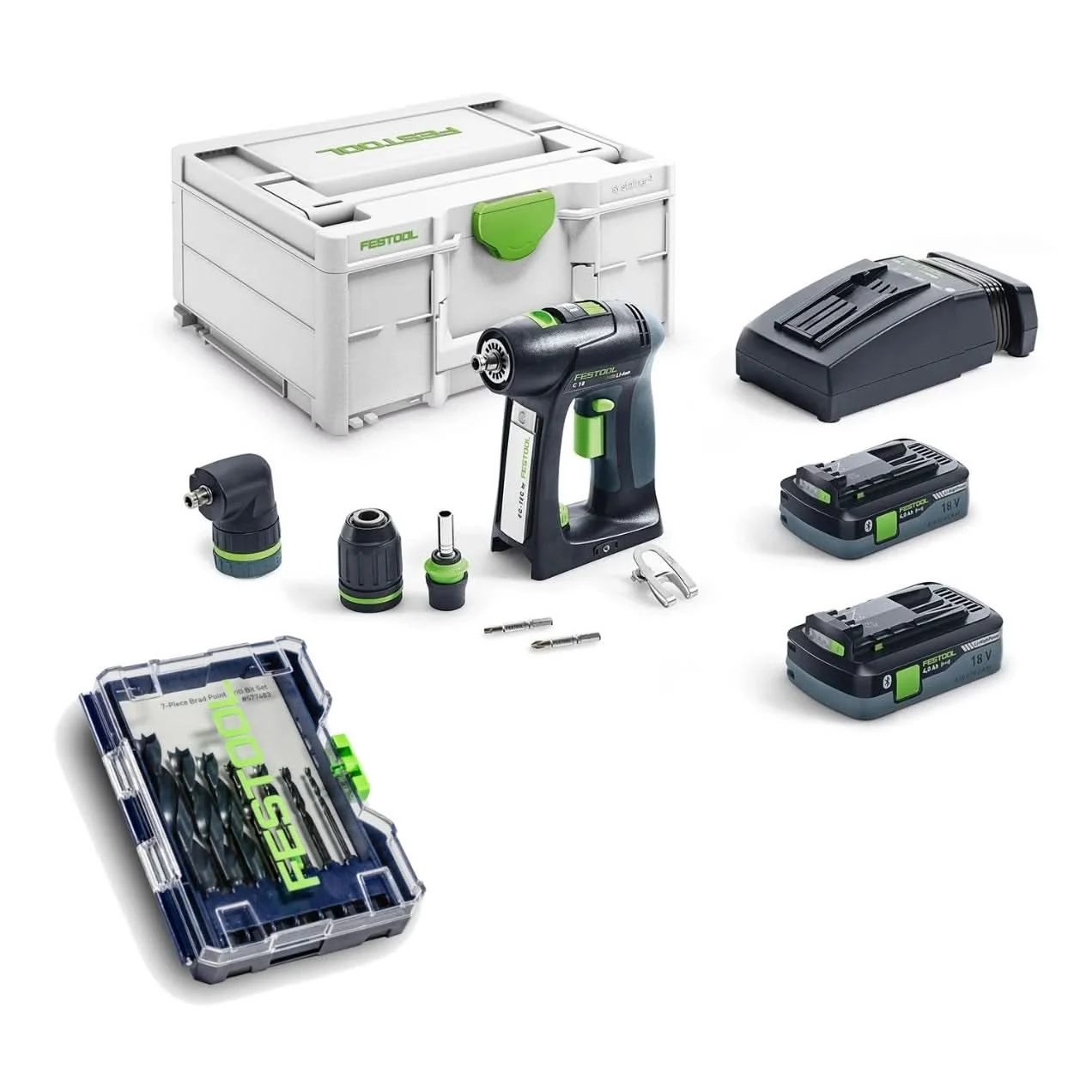 Festool C 18 Cordless Drill Bluetooth HighPower 4.0Ah Systainer3 Kit with 7-Piece Brad Point Drill Bit Set
