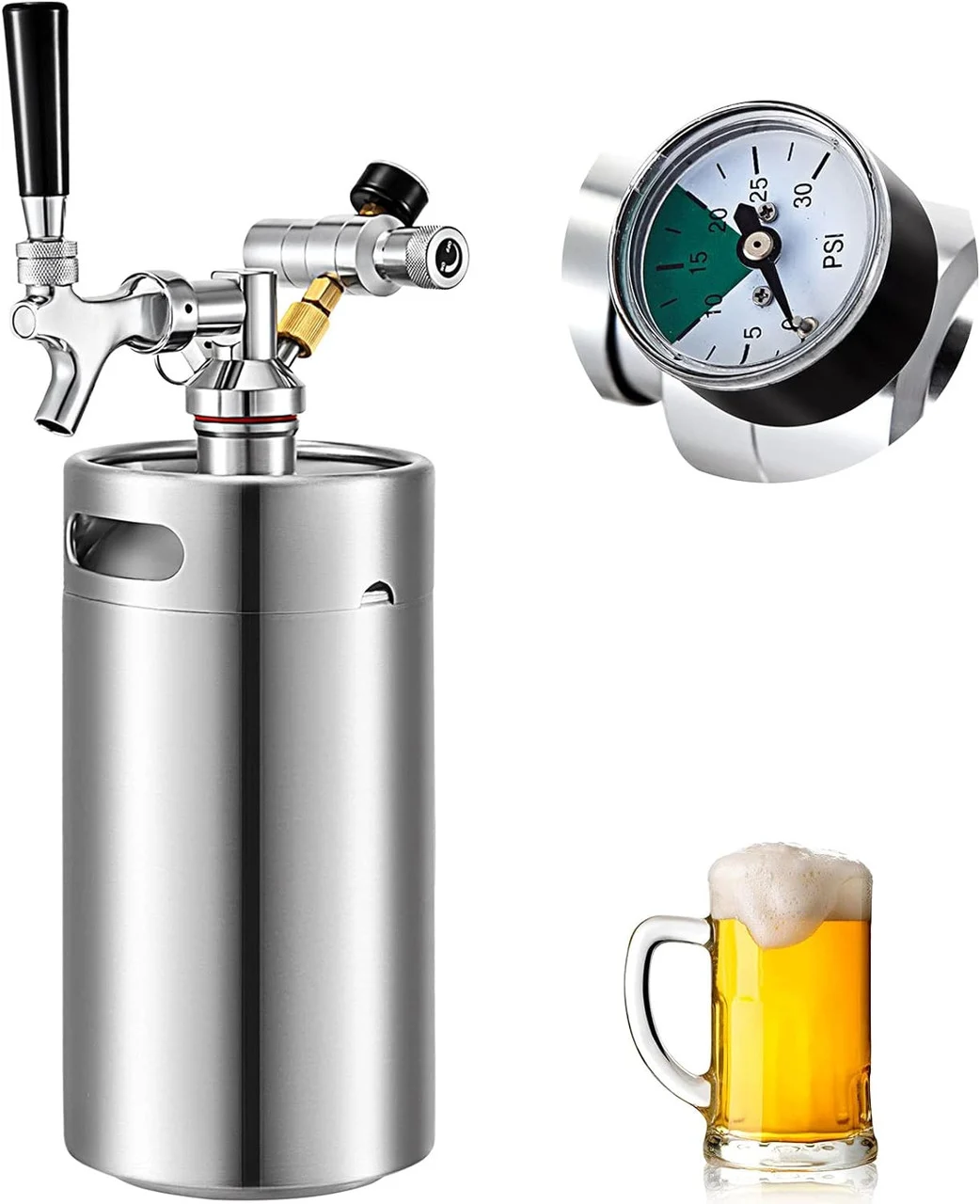 Beer Mini Keg 135 Oz, Mini Keg Growler w/Tap Faucet, Pressurized Growler 304 Stainless Steel Pressurized Beer Growler with Co2 Pressure Regulator, Beer Dispenser Portable Carbonated Growler