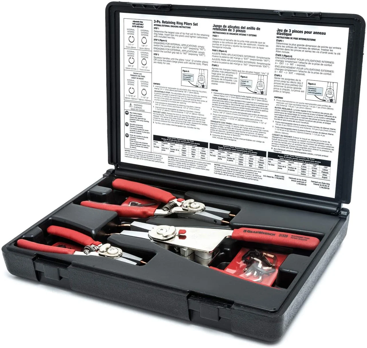 3 Pc. Interchangeable Tip Convertible Retaining Ring Plier Set with Tips - 68-07