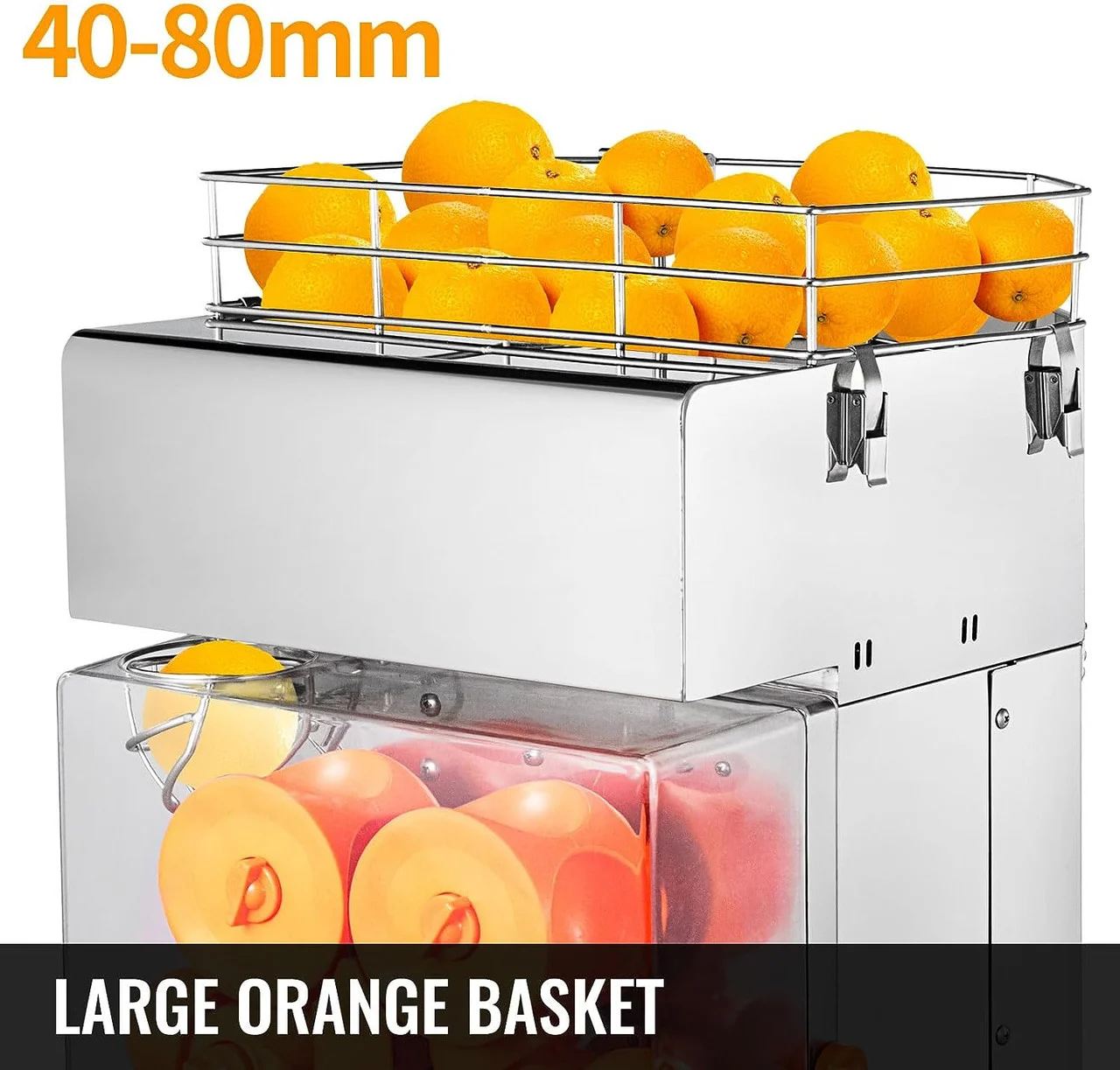 Commercial Juicer Machine, 110V Automatic Feeding Juice Extractor, 120W Orange Squeezer for 20-30 per Minute, with Pull-Out Filter Box SUS 304 Tank PP Cover and Two Peel Collecting Buckets