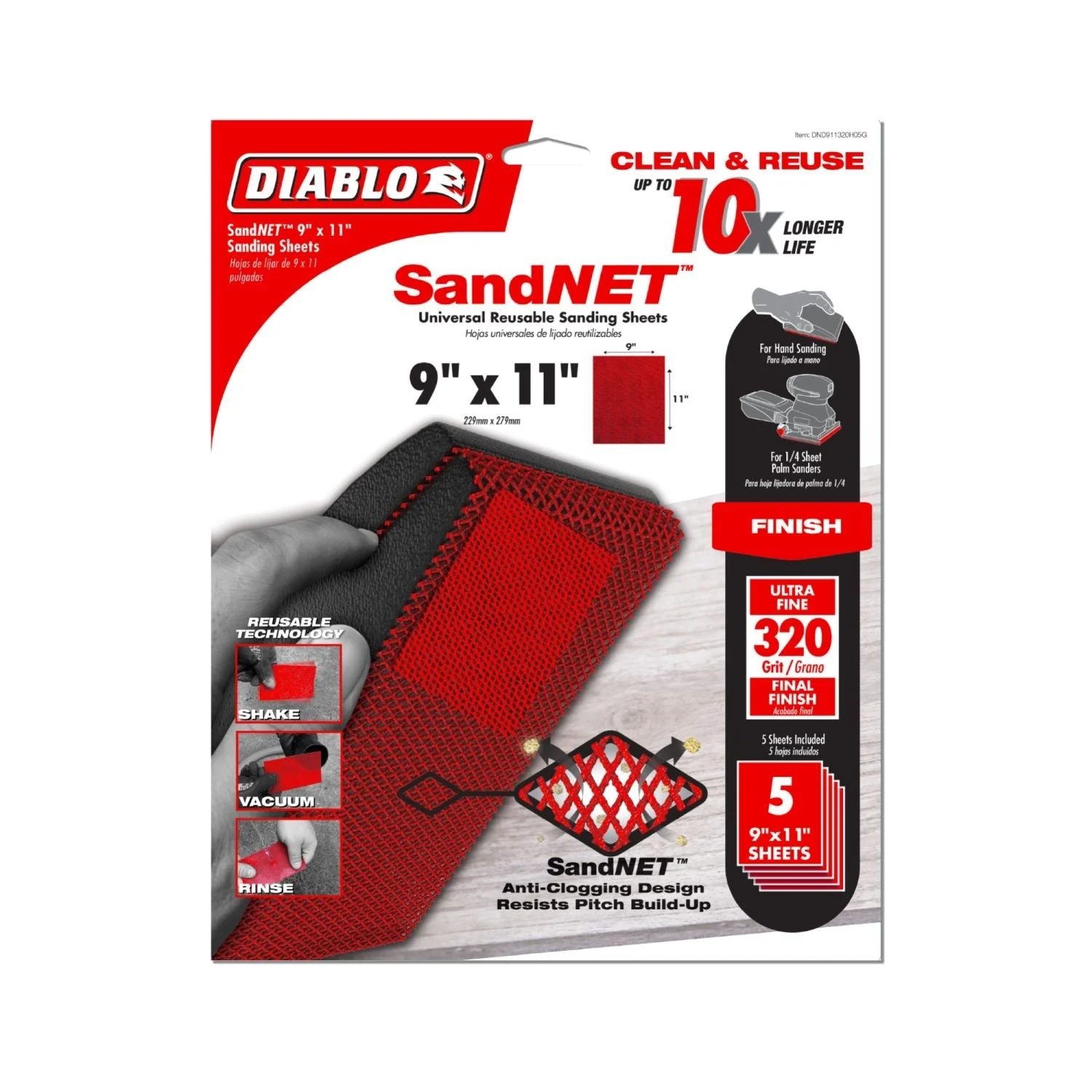 Diablo DND911320H05G 9-inch x 11-inch 320-Grit (Ultra Fine) SandNET Universal Reusable Sanding Sheets, 5-Piece
