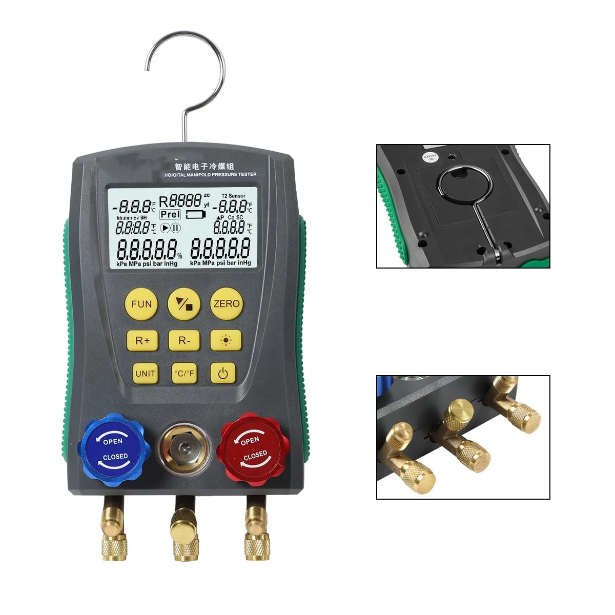 Digital Manifold Gauge Auto AC Gauges R134a R410a R12 R22 R1234YF Refrigerant Car AC Freon Recharge Kit Home Automotive 3 Way AC Diagnostic Manifold Gauge Set Vacuum Pump Operation