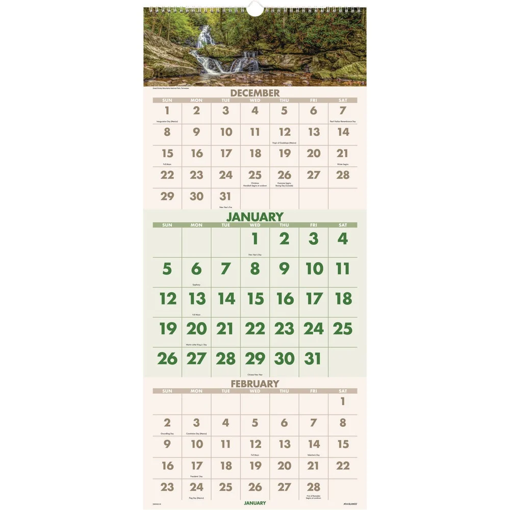 AT-A-GLANCE 14-Month: Dec 2025 to Jan 2027 12 in. x 27 in. Landscape Photography Scenic 3-Month Wall Calendar - White Sheets