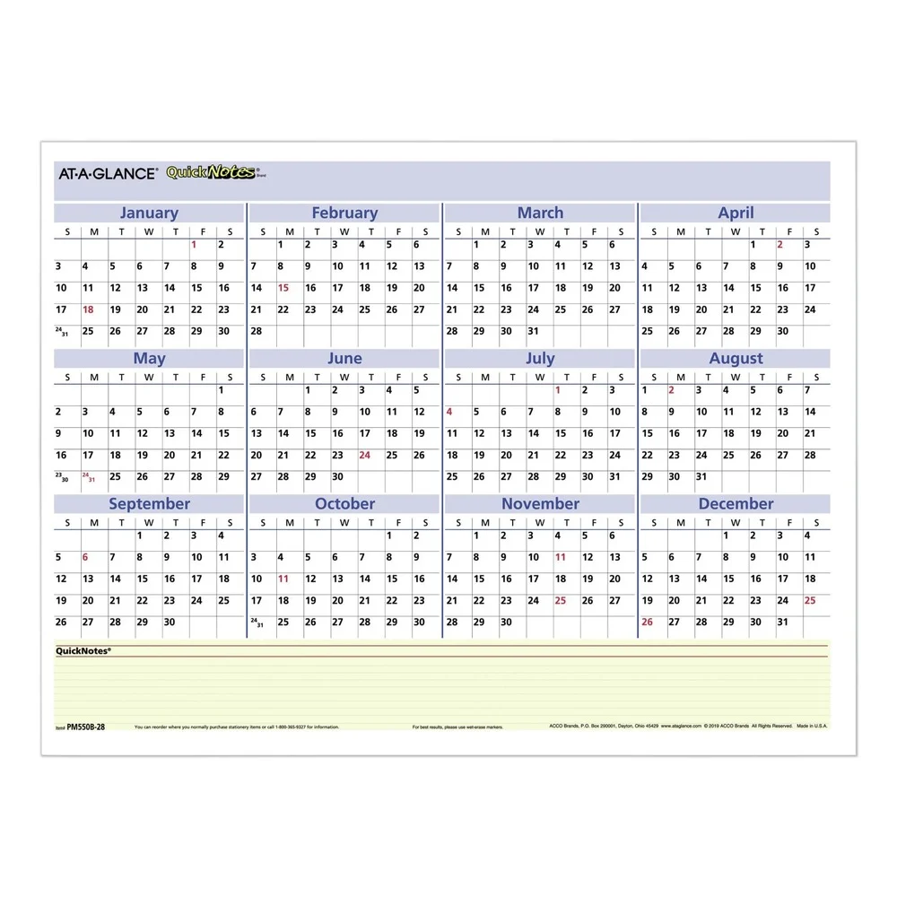 AT-A-GLANCE PM550B28 12 Month: Jan 2026 to Dec 2026 16 in. x 12 in. QuickNotes Mini Erasable Wall Planner - White/Blue/Yellow Sheets