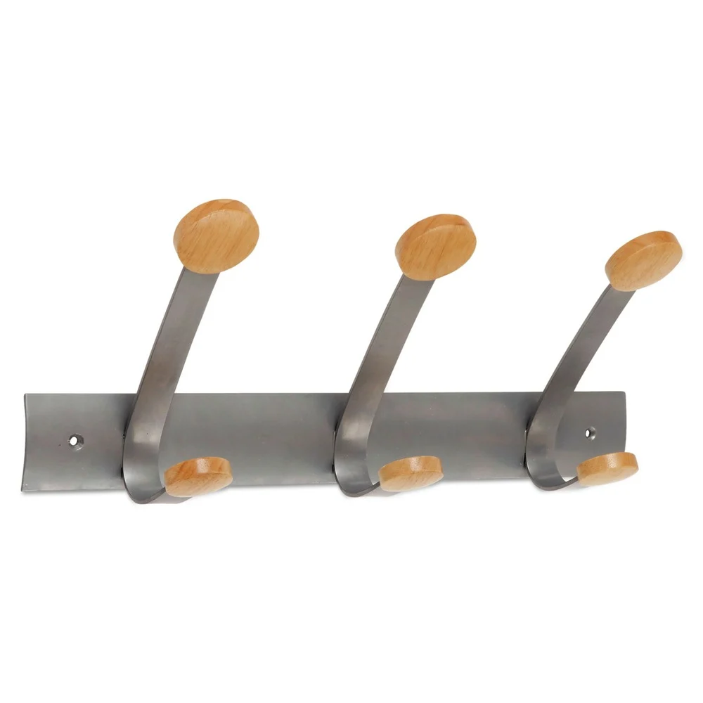 Alba PMV3 45 lb Capacity 3-Peg Wooden Coat Hook Wall Rack - Brown/Silver