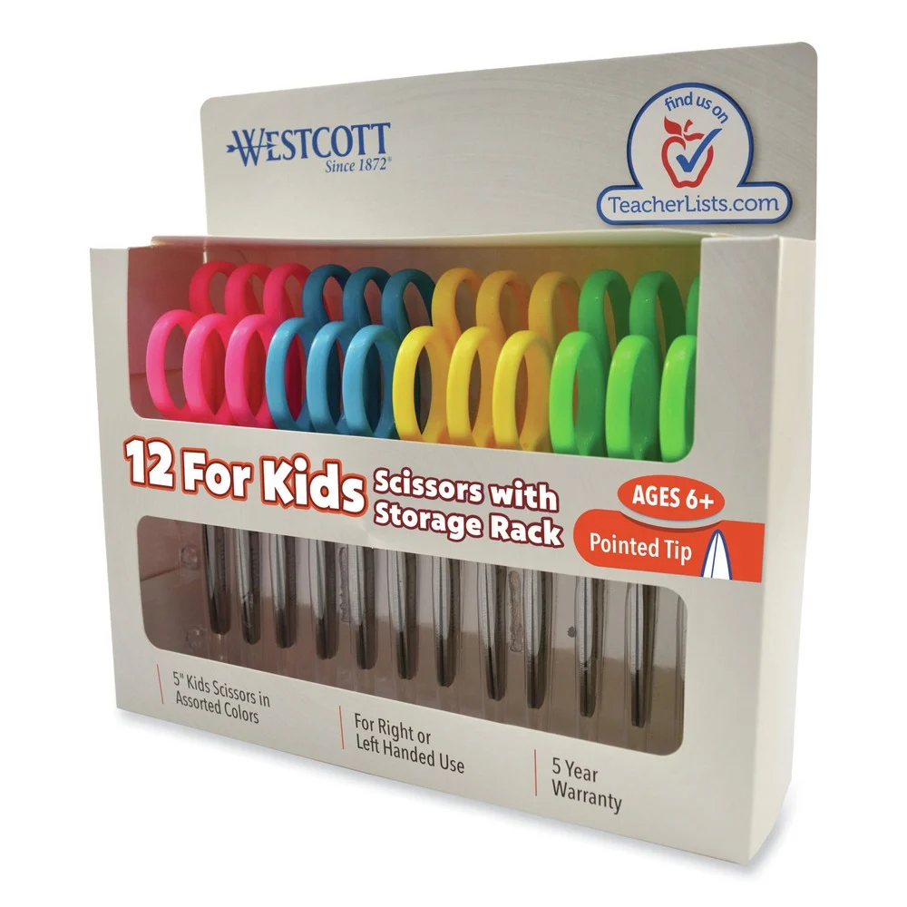 Westcott 5 in. Long, 1.75 in. Cut Length Pointed Tip Kids Scissors - Assorted Handles (12/Pack)