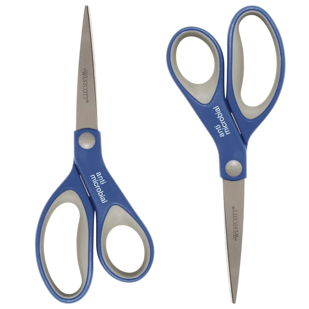 Westcott 8 in. Long 3.25 in. Cut Length Scissors with Antimicrobial Protection - Straight Blue/Gray Handle (2/Pack)
