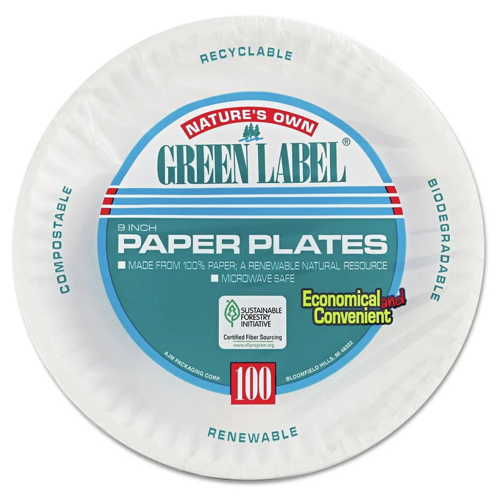AJM Packaging Corporation 9 in. Diameter Paper Plates - White (100/Pack, 12 Packs/Carton)