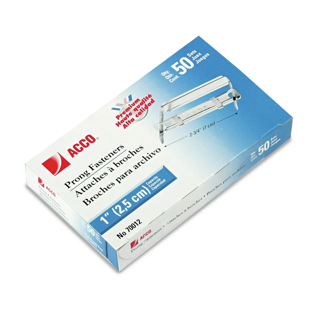 ACCO 1 in. Capacity 2.75 in. Center to Center Premium Two-Prong Paper Fastener Base and Compressor Sets - Silver (50/Box)