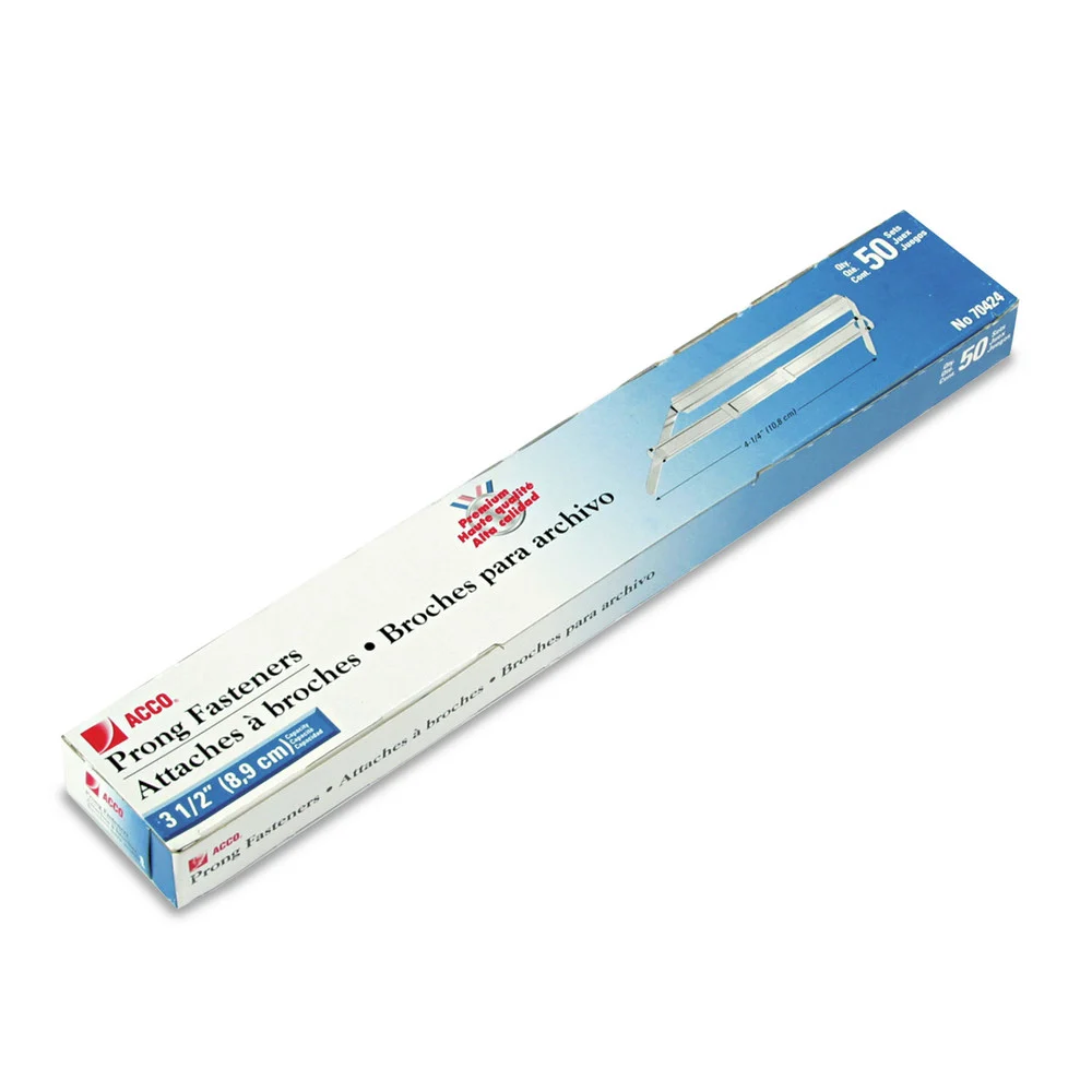 ACCO A7070424H 3.5 in. Capacity 4.25 in. Center to Center Premium Two-Prong Paper Fastener Base and Compressor Sets - Silver (50/Box)