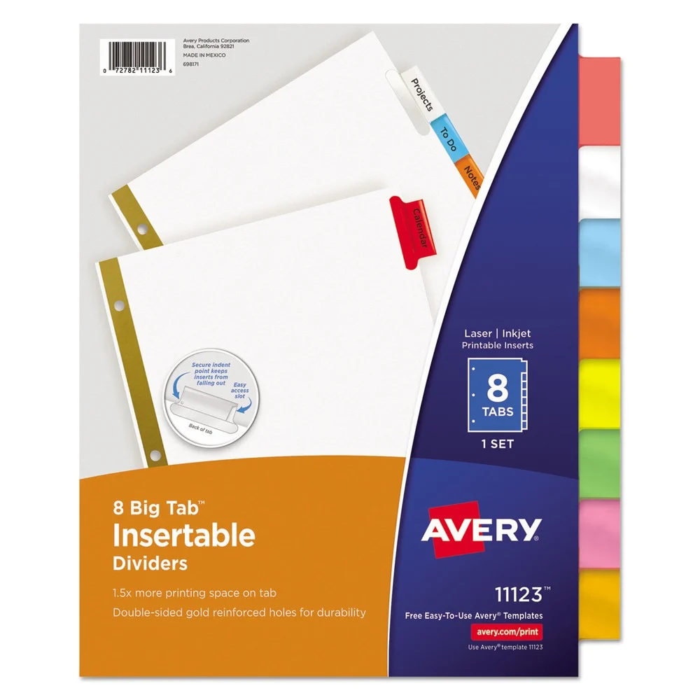 Avery Big Tab 11 in. x 8.5 in. 8-Tab Double-Sided Gold Edge Reinforcing Insertable Dividers - Assorted (1-Set)