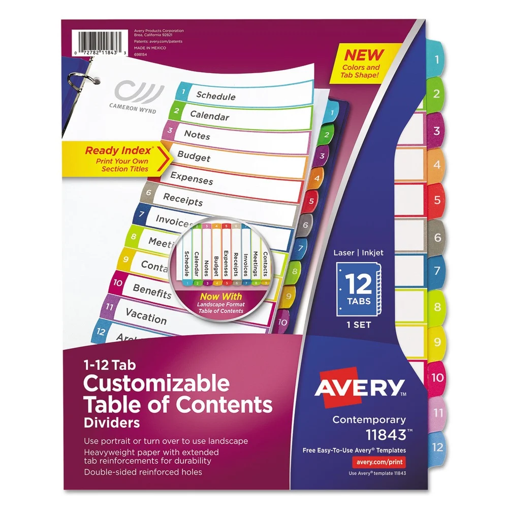Avery 1 - 12 Tab 11 in. x 8.5 in. Customizable TOC Ready Index Divider Set - Multicolor (1 Set)