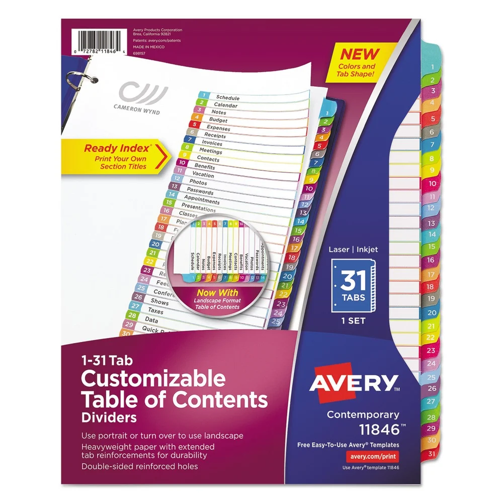 Avery Ready Index 11 in. x 8.5 in. 1-Tab 1 to 31 Customizable TOC Dividers - White/Multicolor Tabs (1-Set)