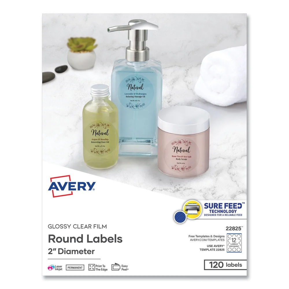 Avery 2 in. Diameter Print-to-the Edge Labels with Sure Feed and Easy Peel - Round Glossy Clear (120/Pack)