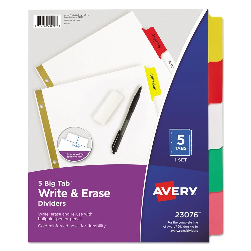 Avery 11 in. x 8.5 in. 5-Tab Write and Erase Big Tab Paper Dividers - White, Assorted Tabs (1 Set)