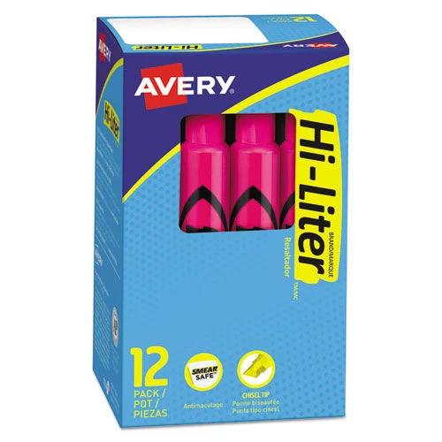 Avery 24010 HI-LITER Desk-Style Chisel Tip Highlighters - Fluorescent Pink Ink/Black Barrel (1-Dozen)