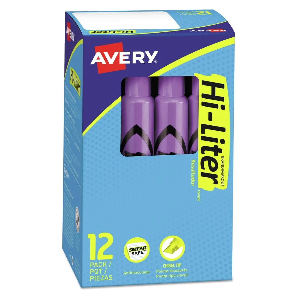Avery HI-LITER Desk-Style Chisel Tip Highlighters - Fluorescent Purple Ink/Black Barrel (1-Dozen)
