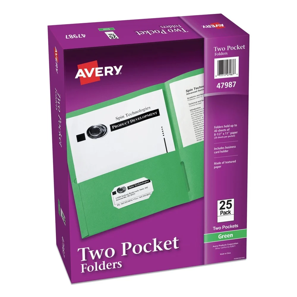 Avery 47987 40 Sheet Capacity 11 in. x 8.5 in. Two-Pocket Folder - Green (25/Box)
