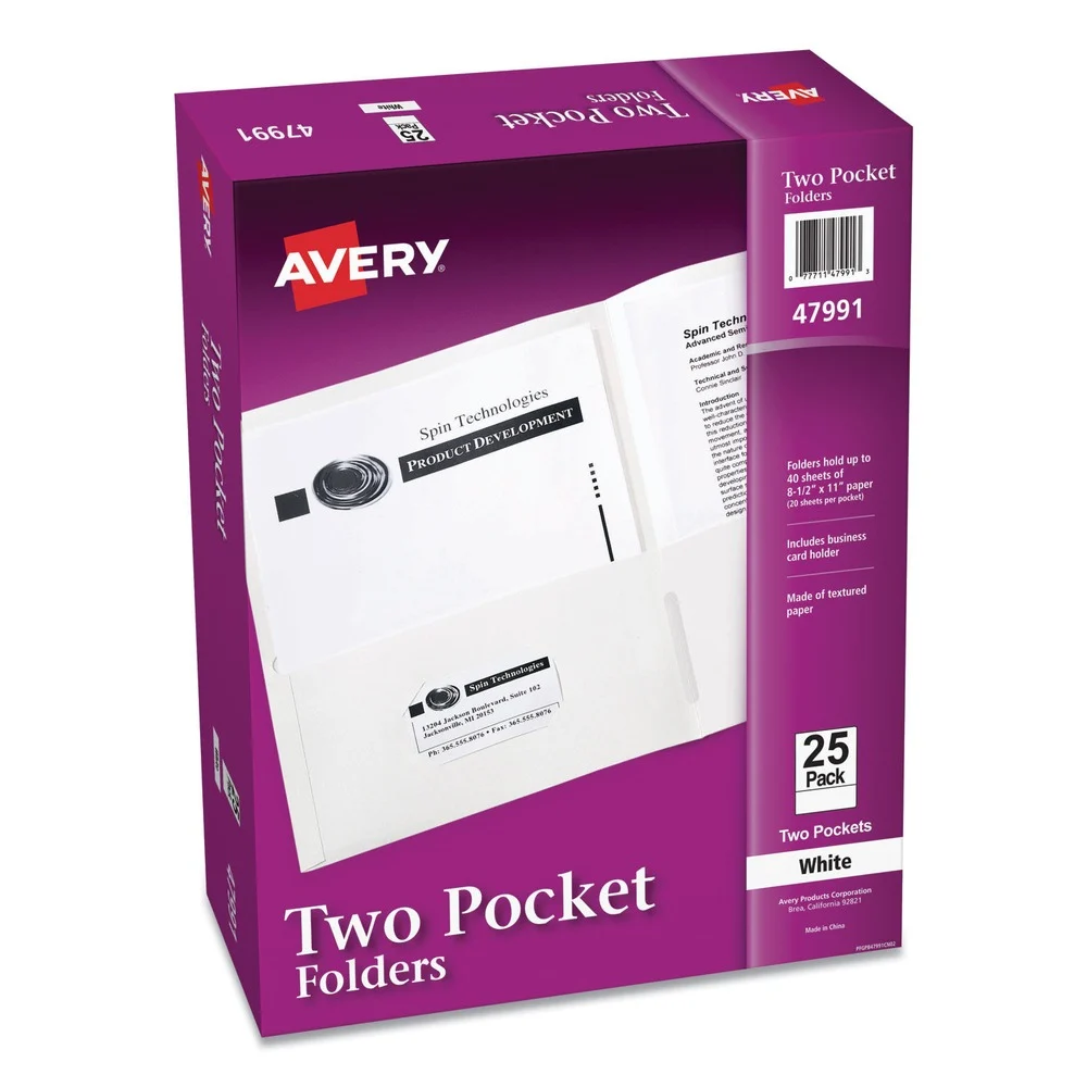 Avery 40 Sheet Capacity 11 in. x 8.5 in. Two-Pocket Folder - White (25/Box)