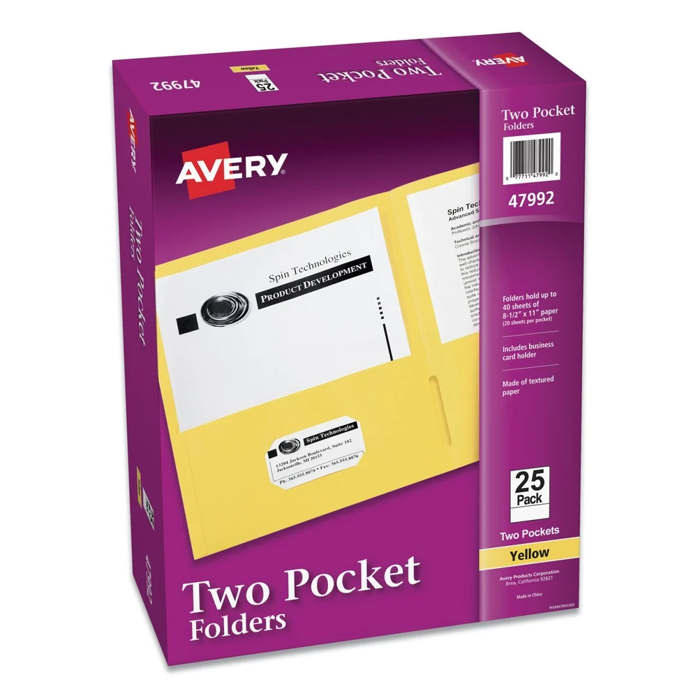 Avery 47992 40 Sheet Capacity 11 in. x 8.5 in. Two-Pocket Folder - Yellow (25/Box)