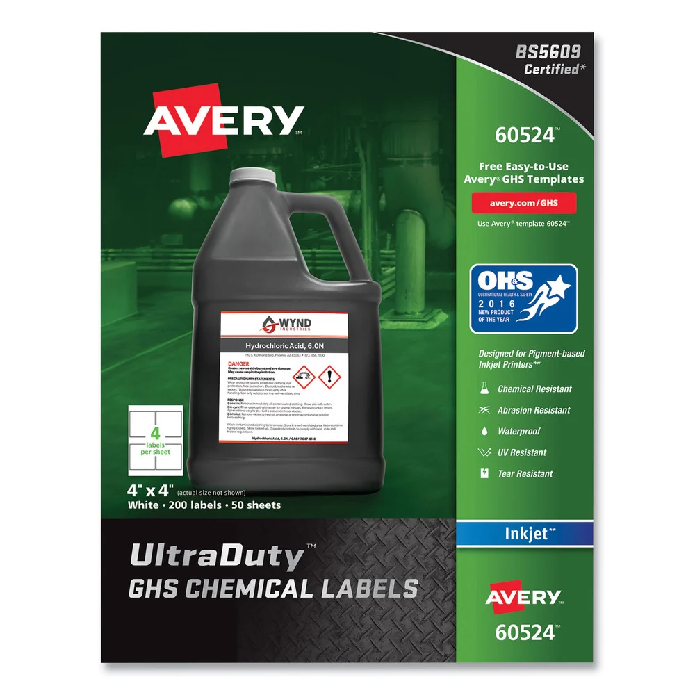 Avery 60524 UltraDuty 4 in. x 4 in. GHS Chemical Waterproof and UV Resistant Labels - White (200/Pack)