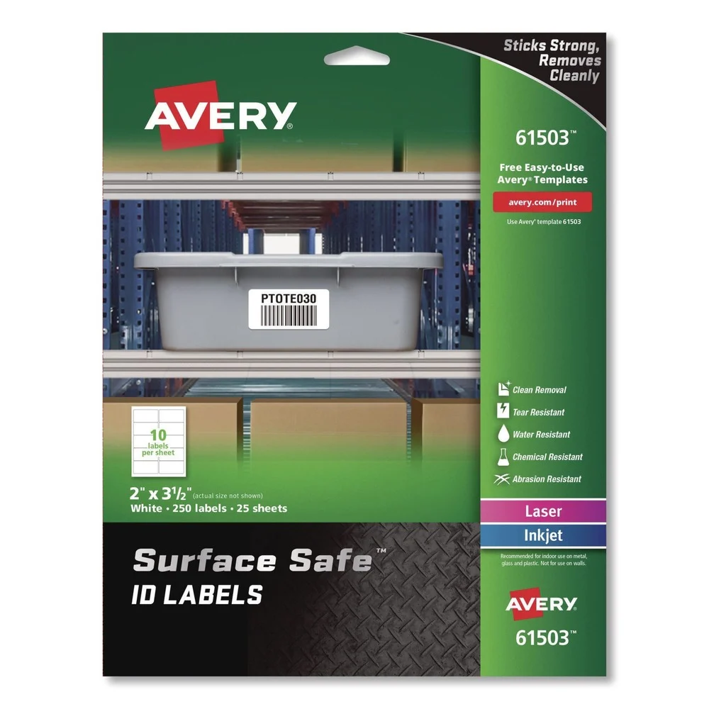 Avery Surface Safe 2 in. x 3.5 in. Inkjet/Laser Printers ID Labels - White (250/Pack)